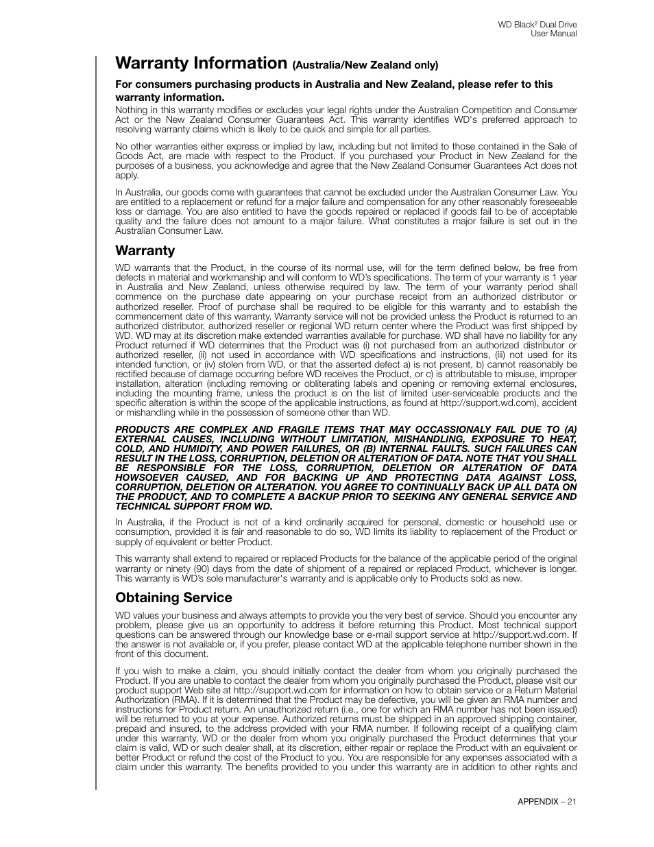 Warranty information (australia/new zealand only), Warranty, Obtaining service | Warranty information | Western Digital WD Black2 Dual Drive User Manual User Manual | Page 23 / 24