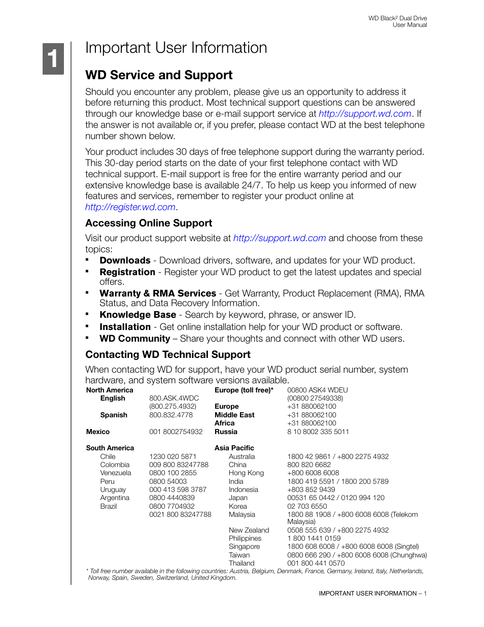 Important user information, Wd service and support, Accessing online support | Contacting wd technical support | Western Digital WD Black2 Dual Drive User Manual User Manual | Page 3 / 24