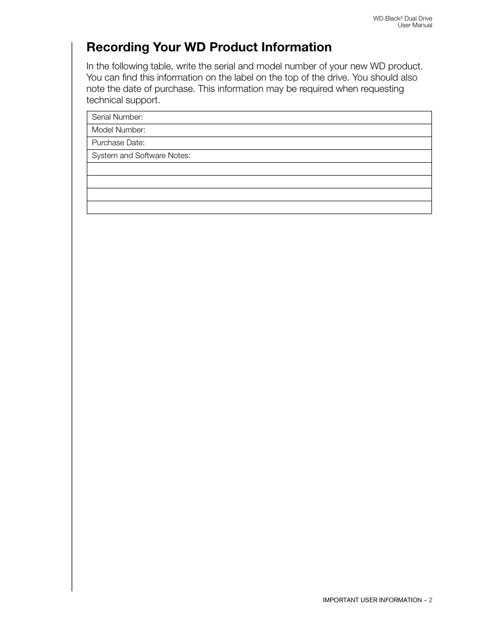 Recording your wd product information | Western Digital WD Black2 Dual Drive User Manual User Manual | Page 4 / 24