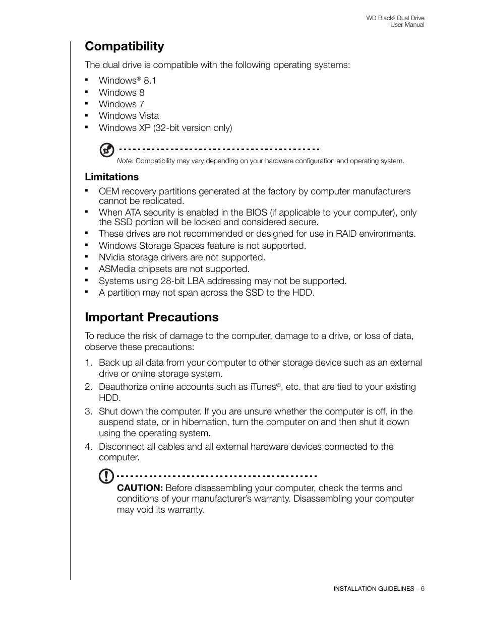 Compatibility, Limitations, Important precautions | Western Digital WD Black2 Dual Drive User Manual User Manual | Page 8 / 24