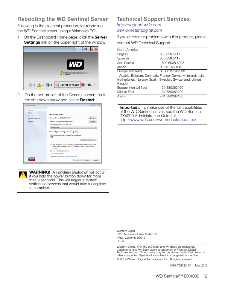 Rebooting the wd sentinel server, Technical support services | Western Digital WD Sentinel DX4000 Quick Install Guide User Manual | Page 13 / 13