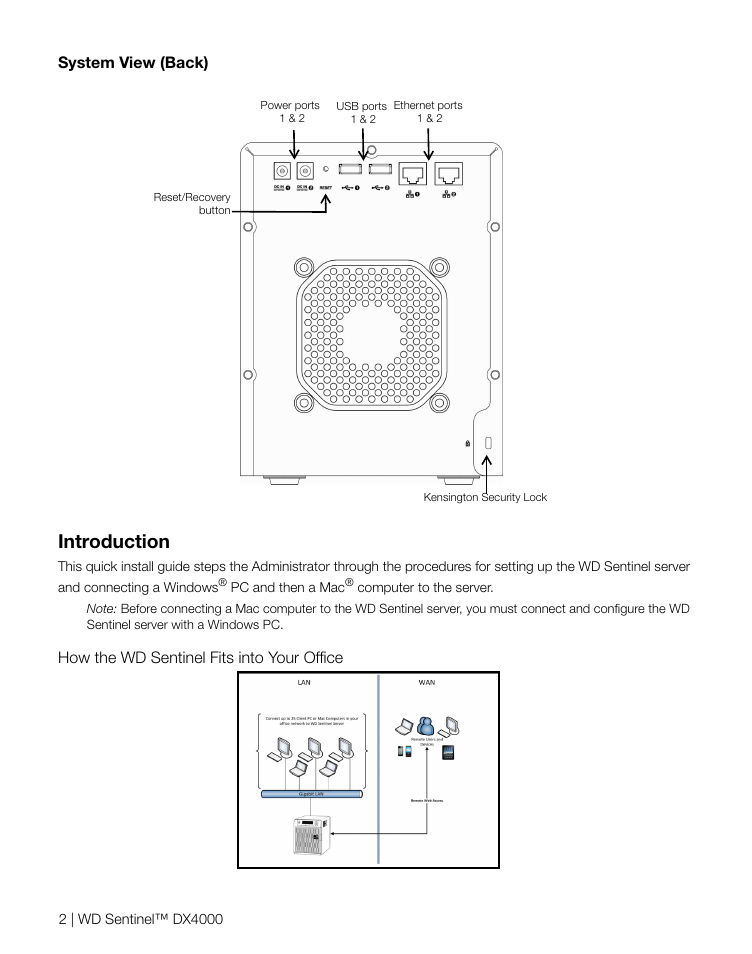Introduction, System view (back), How the wd sentinel fits into your office | Western Digital WD Sentinel DX4000 Quick Install Guide User Manual | Page 3 / 13