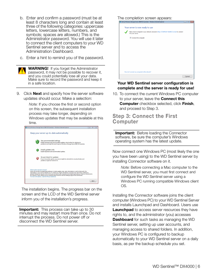 Step 3: connect the first computer | Western Digital WD Sentinel DX4000 Quick Install Guide User Manual | Page 7 / 13