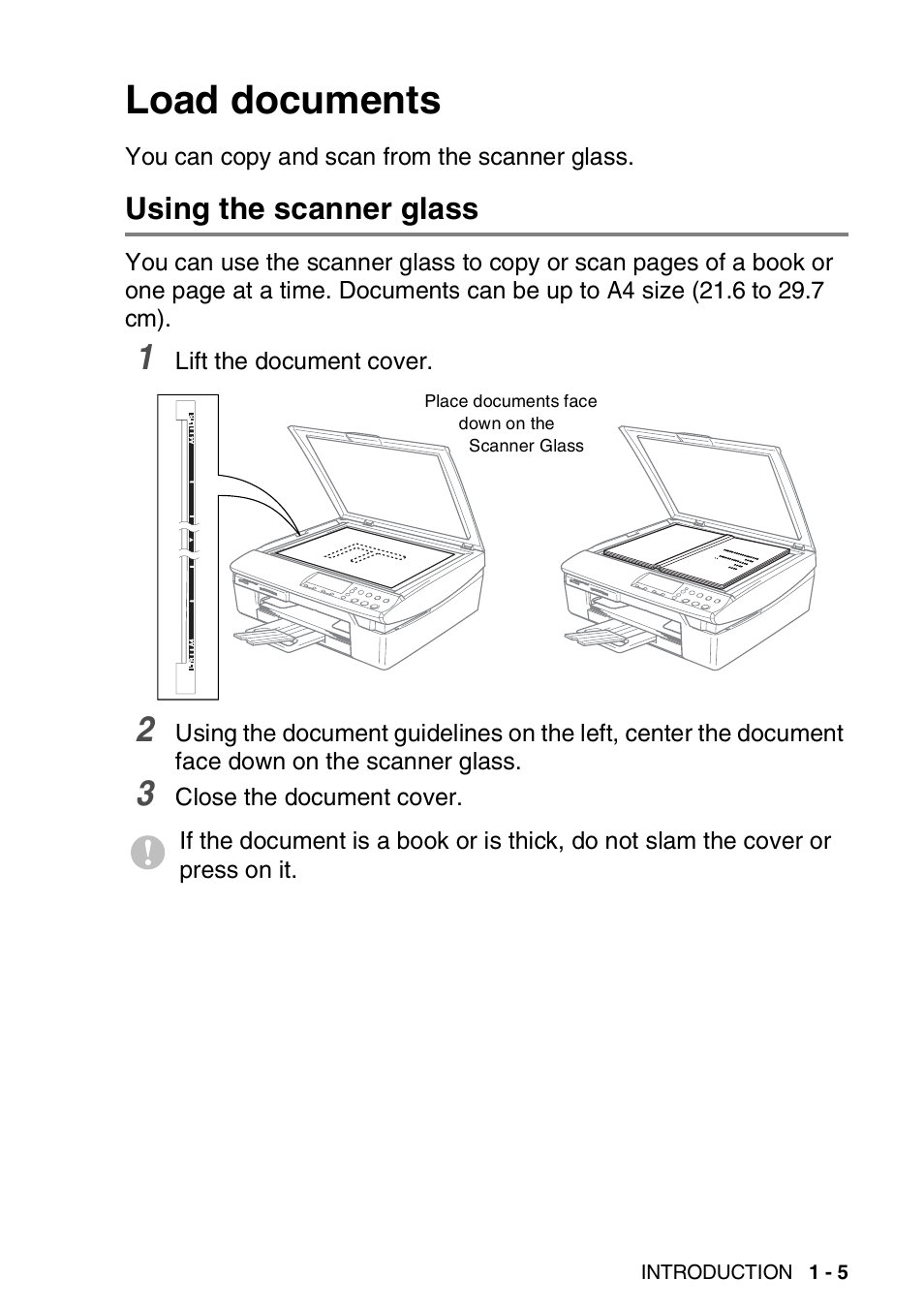 Load documents, Using the scanner glass, Load documents -5 | Using the scanner glass -5 | Brother DCP-110C User Manual | Page 14 / 100