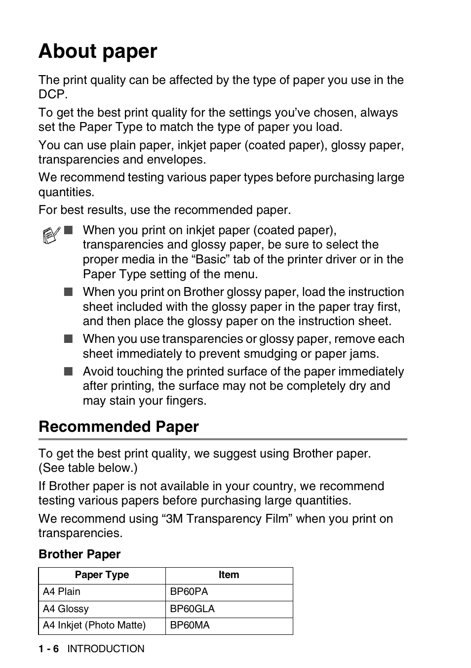 About paper, Recommended paper, About paper -6 | Recommended paper -6 | Brother DCP-110C User Manual | Page 15 / 100