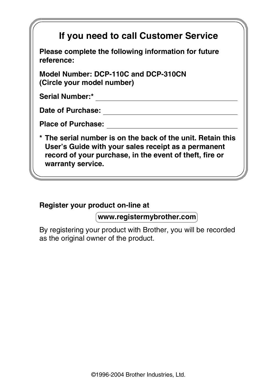 If you need to call customer service | Brother DCP-110C User Manual | Page 2 / 100