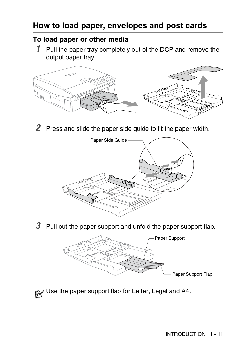 How to load paper, envelopes and post cards, To load paper or other media, How to load paper, envelopes and post cards -11 | To load paper or other media -11 | Brother DCP-110C User Manual | Page 20 / 100