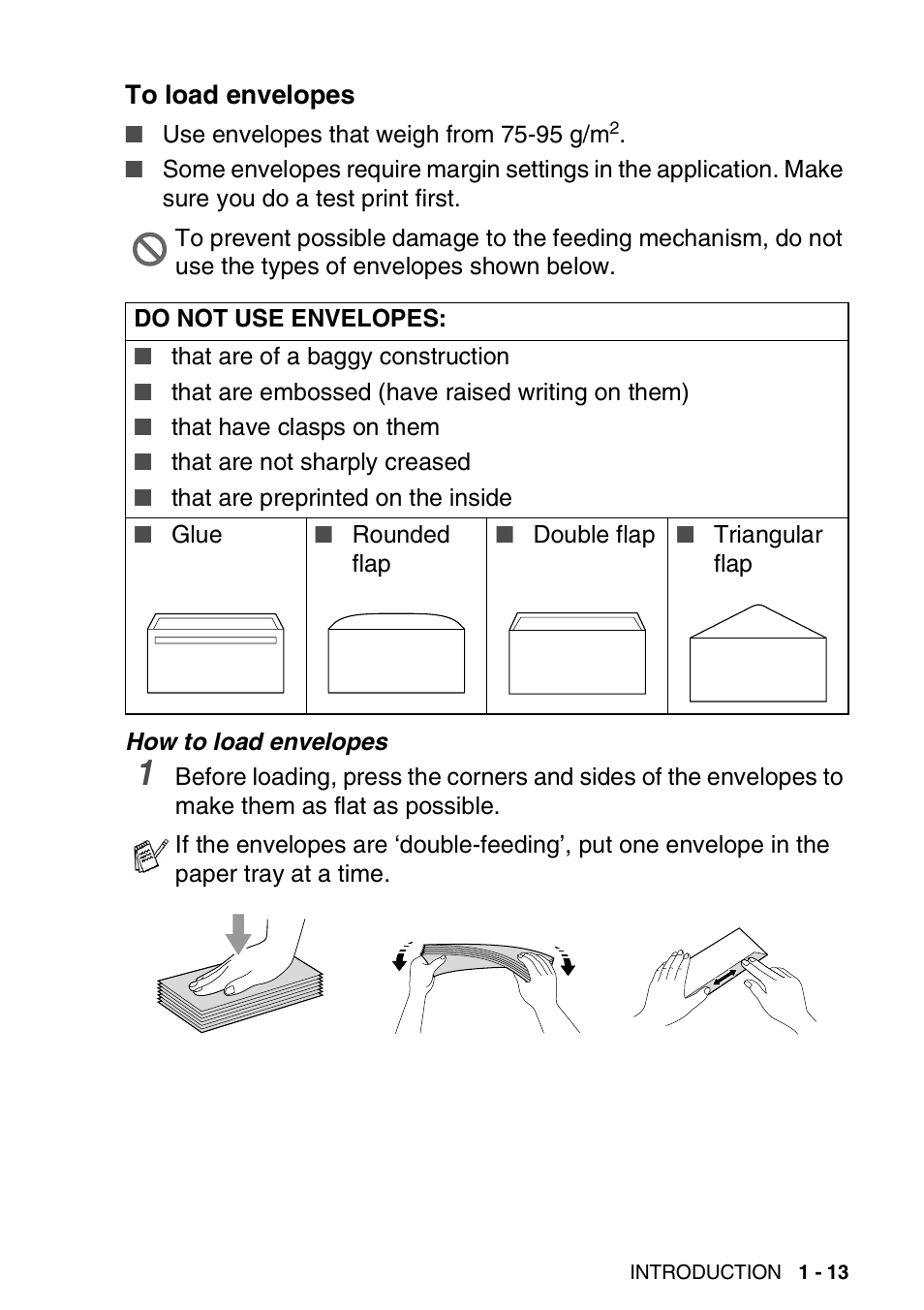 To load envelopes, To load envelopes -13 | Brother DCP-110C User Manual | Page 22 / 100