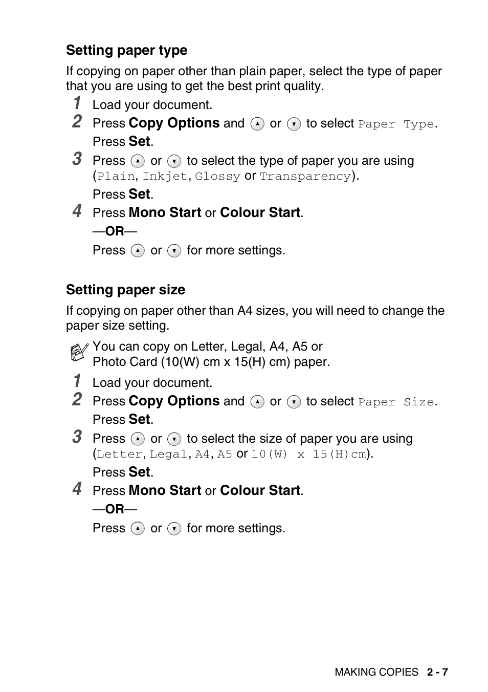 Setting paper type, Setting paper size, Setting paper type -7 setting paper size -7 | Brother DCP-110C User Manual | Page 30 / 100