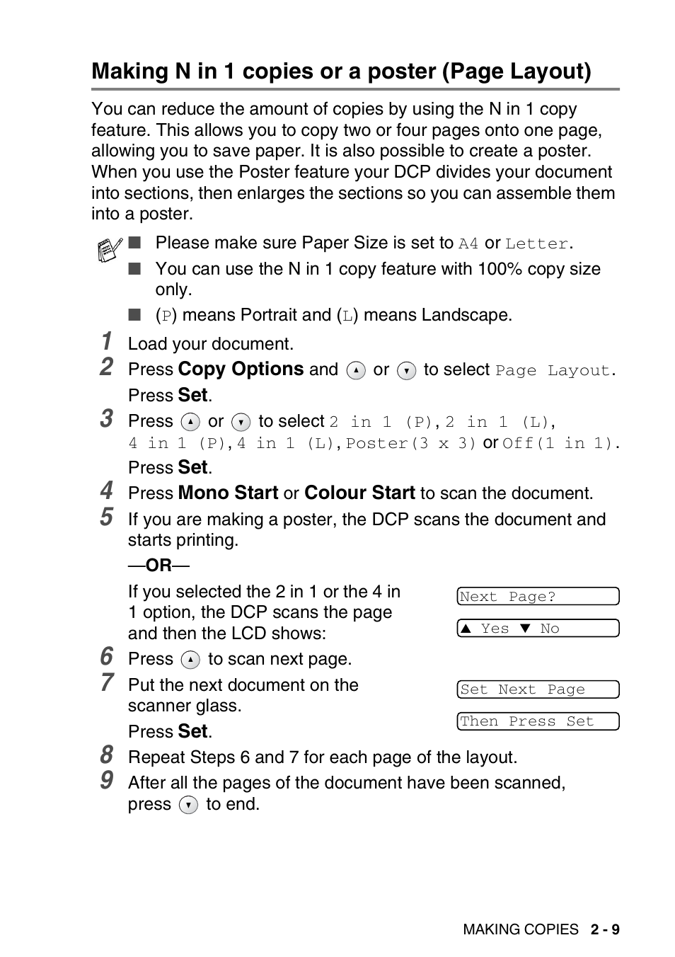 Making n in 1 copies or a poster (page layout) | Brother DCP-110C User Manual | Page 32 / 100