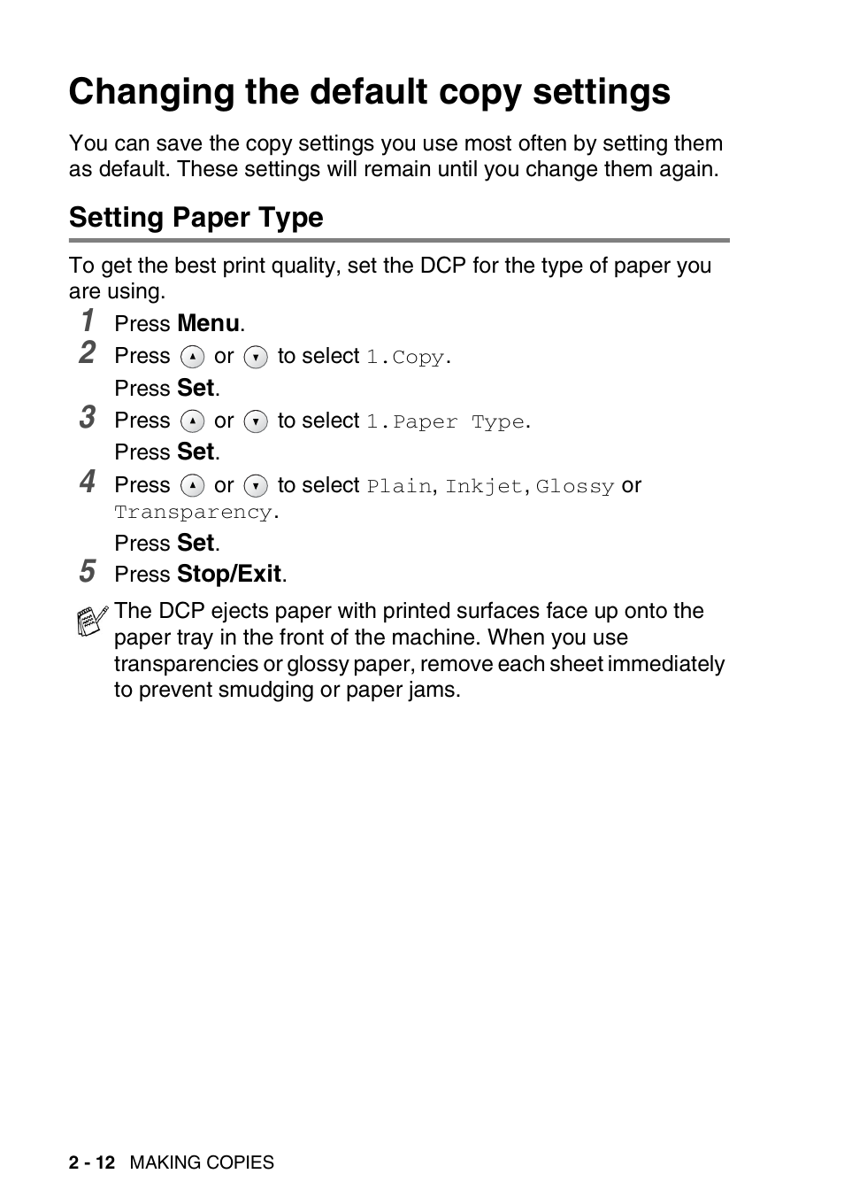 Changing the default copy settings, Setting paper type, Changing the default copy settings -12 | Setting paper type -12 | Brother DCP-110C User Manual | Page 35 / 100