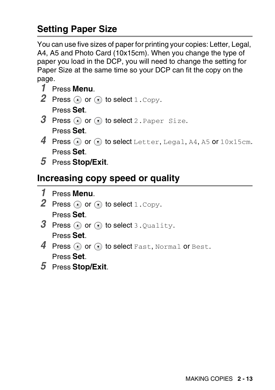 Setting paper size, Increasing copy speed or quality | Brother DCP-110C User Manual | Page 36 / 100