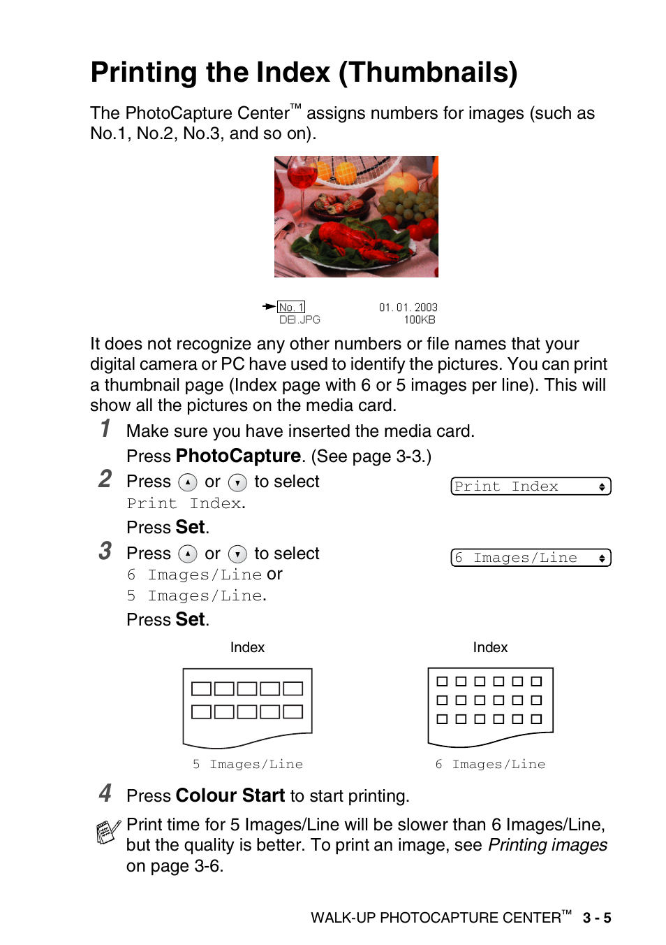 Printing the index (thumbnails), Printing the index (thumbnails) -5 | Brother DCP-110C User Manual | Page 44 / 100