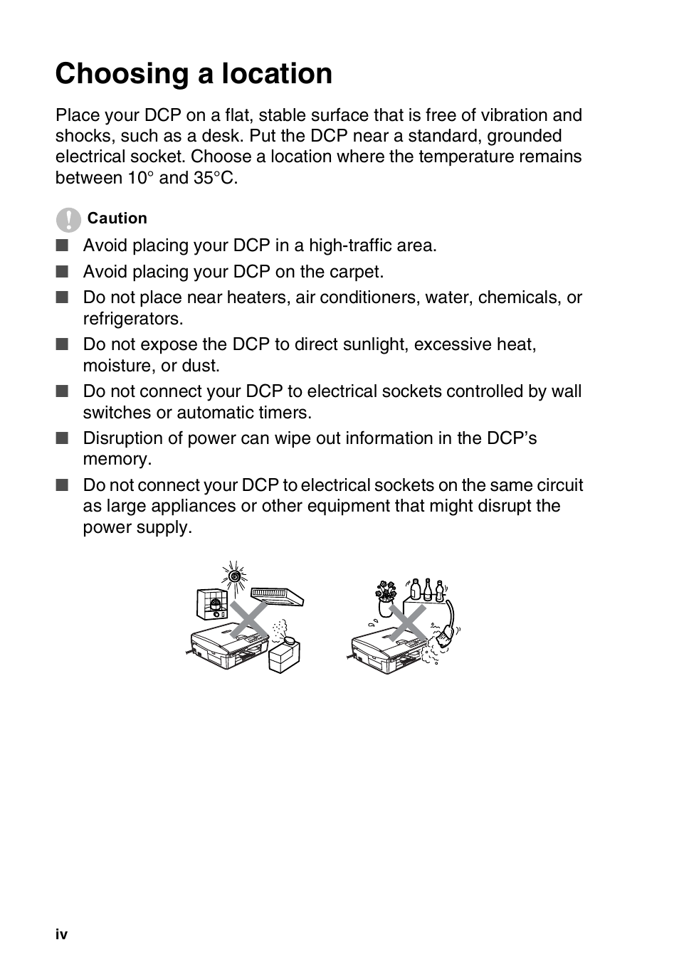 Choosing a location | Brother DCP-110C User Manual | Page 6 / 100