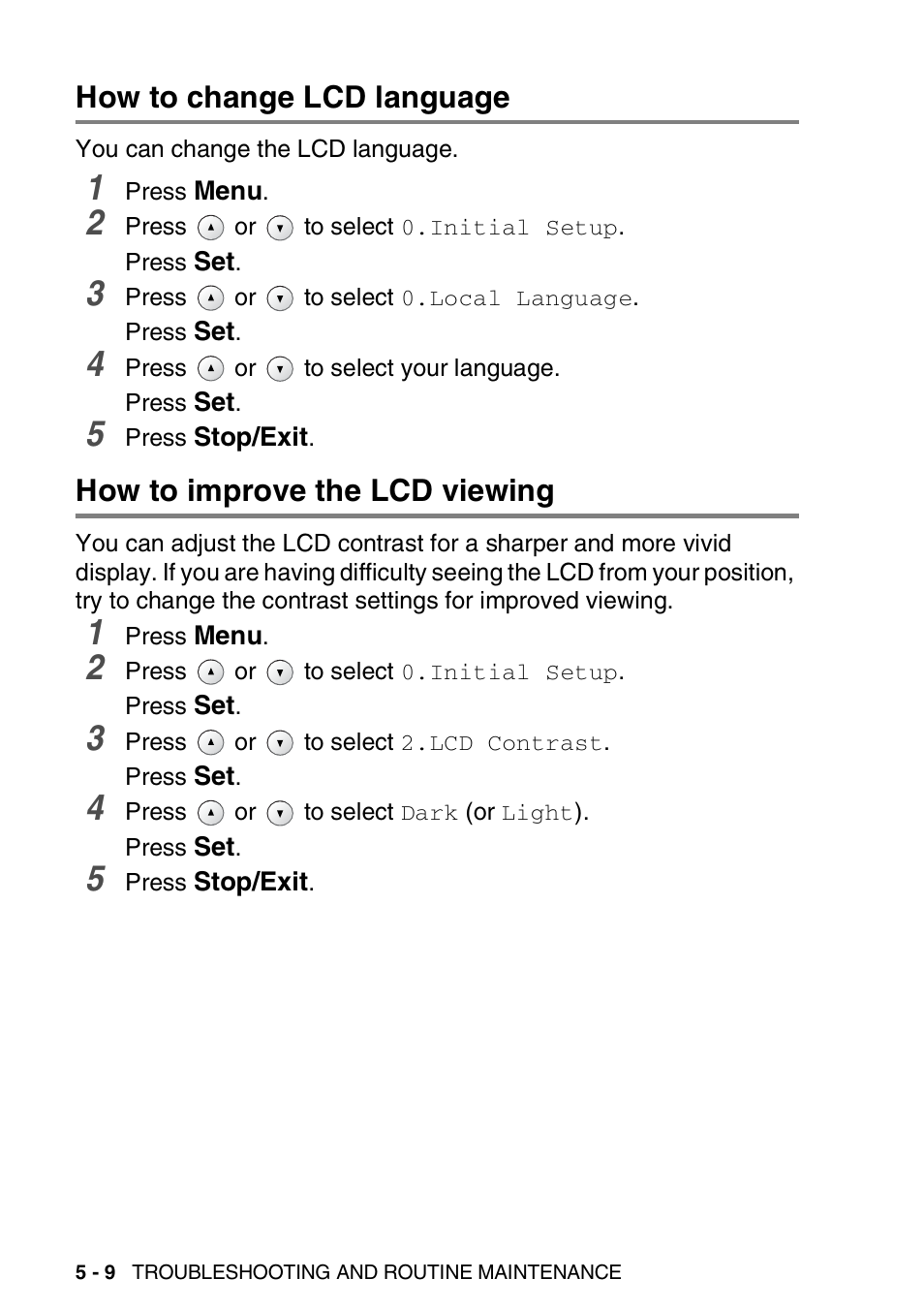 How to change lcd language, How to improve the lcd viewing | Brother DCP-110C User Manual | Page 67 / 100