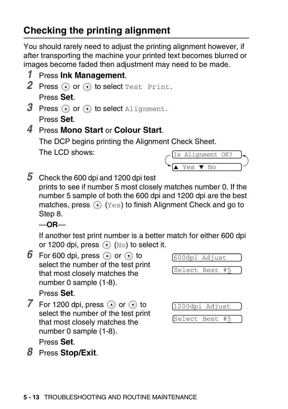 Checking the printing alignment, Checking the printing alignment -13 | Brother DCP-110C User Manual | Page 71 / 100