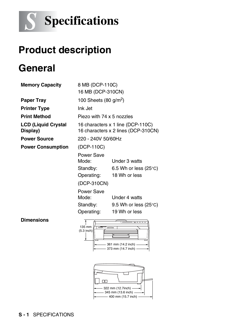 Specifications, Product description, General | Product description general | Brother DCP-110C User Manual | Page 89 / 100