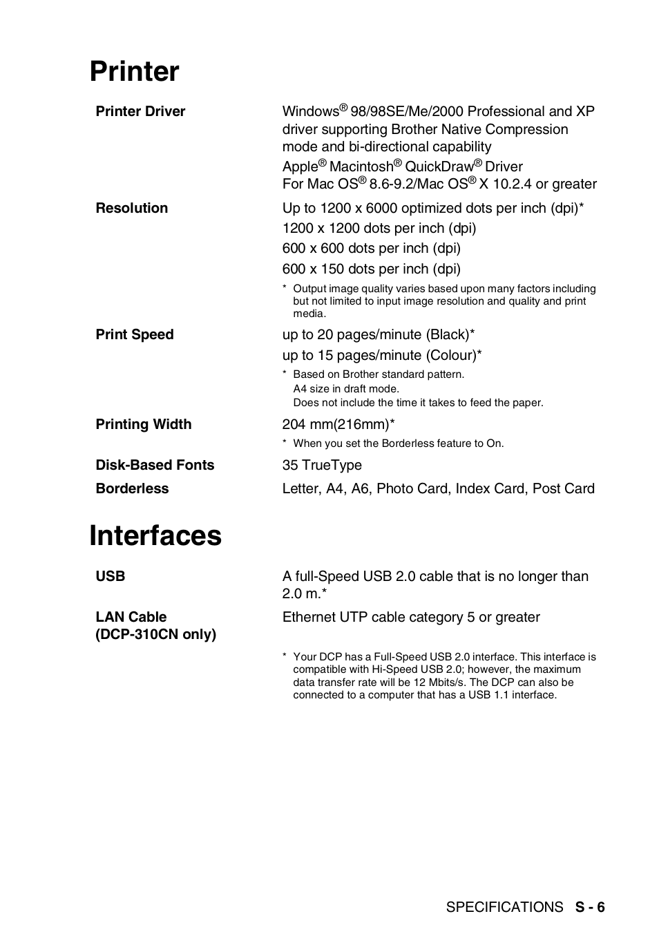 Printer, Interfaces, Printer interfaces | Brother DCP-110C User Manual | Page 94 / 100