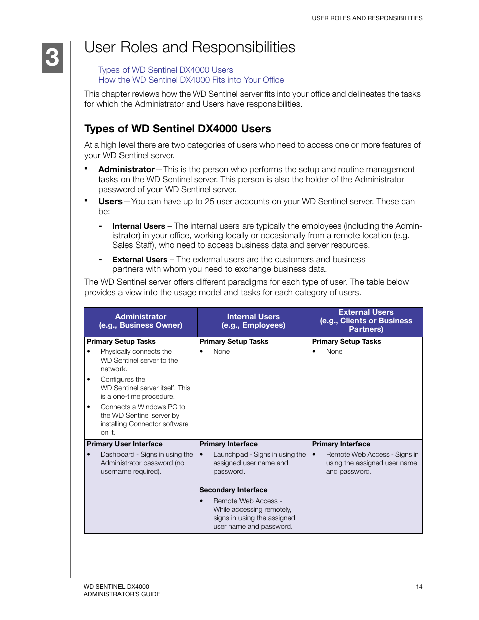 User roles and responsibilities, Types of wd sentinel dx4000 users | Western Digital WD Sentinel DX4000 User Manual User Manual | Page 18 / 82