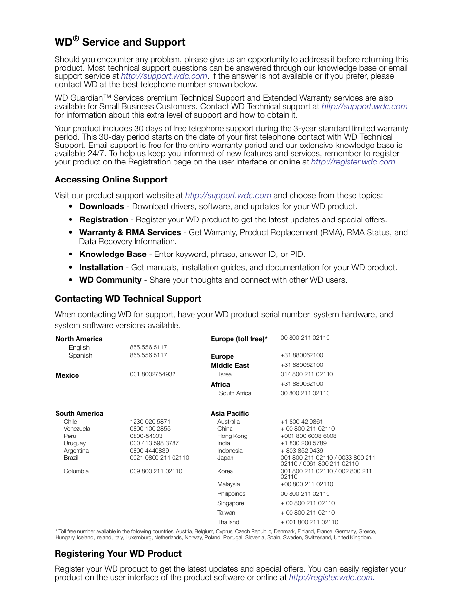 Wd® service and support, Accessing online support, Contacting wd technical support | Registering your wd product, Service and support | Western Digital WD Sentinel DX4000 User Manual User Manual | Page 2 / 82