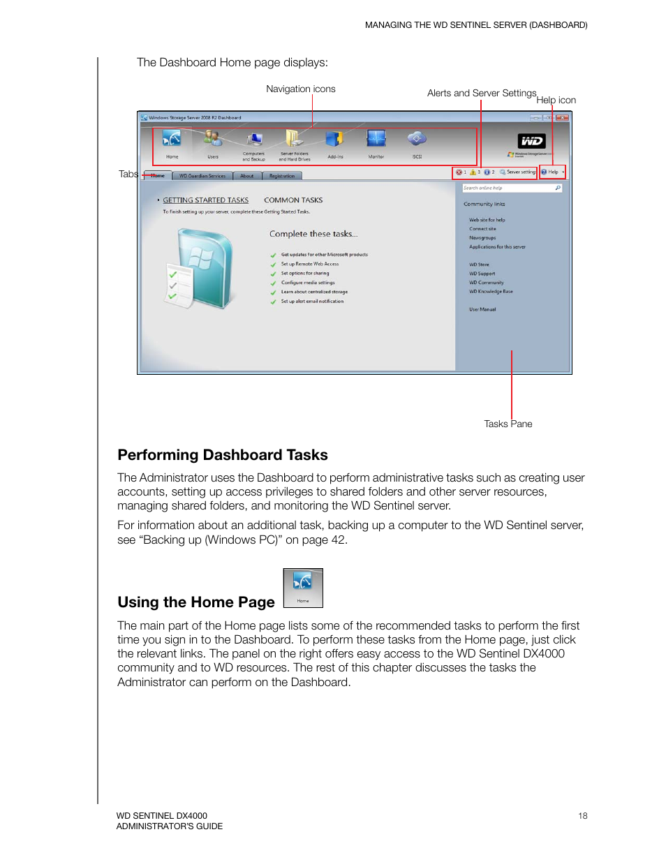 Performing dashboard tasks, Using the home page | Western Digital WD Sentinel DX4000 User Manual User Manual | Page 22 / 82