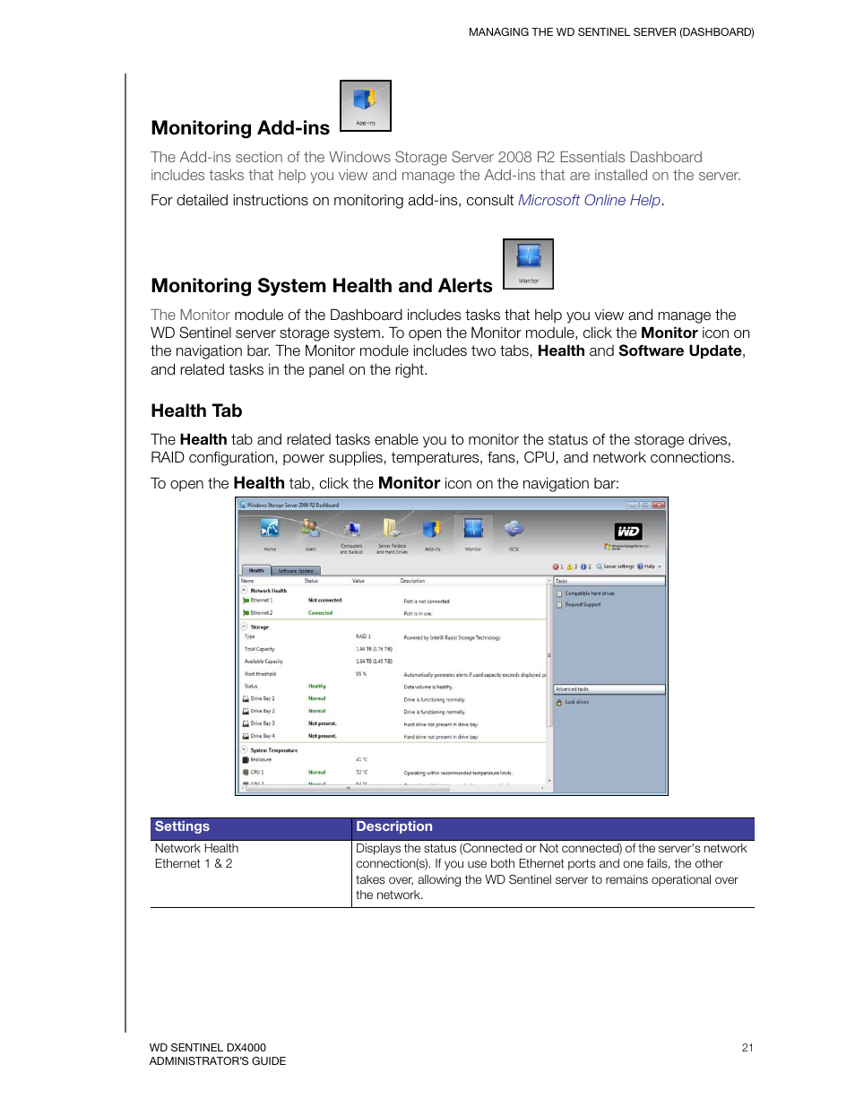 Monitoring add-ins, Monitoring system health and alerts, Health tab | Western Digital WD Sentinel DX4000 User Manual User Manual | Page 25 / 82
