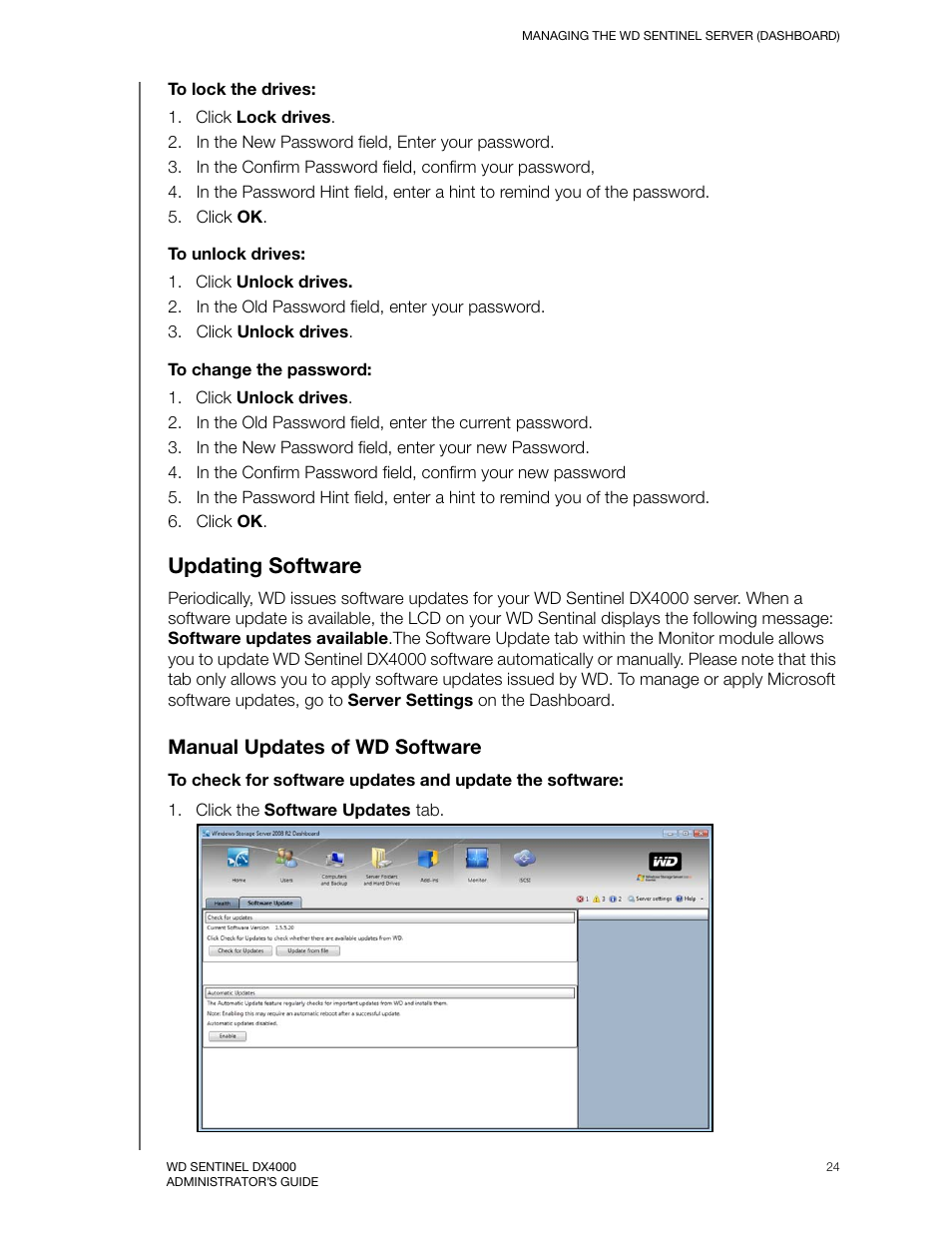 Updating software, Manual updates of wd software | Western Digital WD Sentinel DX4000 User Manual User Manual | Page 28 / 82