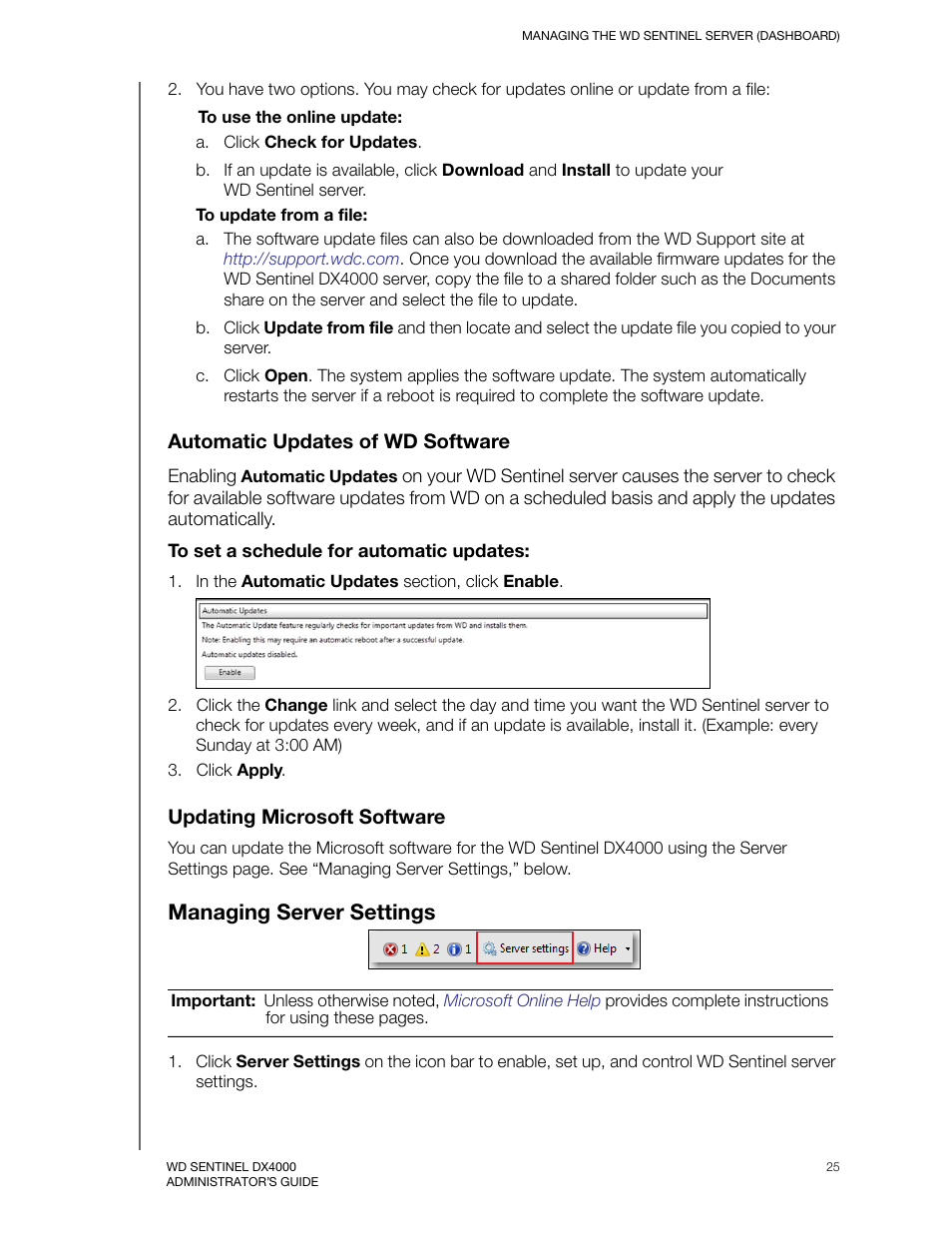 Automatic updates of wd software, Updating microsoft software, Managing server settings | Western Digital WD Sentinel DX4000 User Manual User Manual | Page 29 / 82