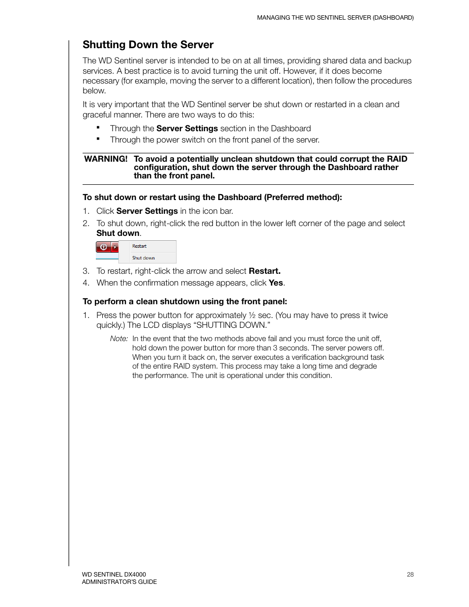 Shutting down the server | Western Digital WD Sentinel DX4000 User Manual User Manual | Page 32 / 82