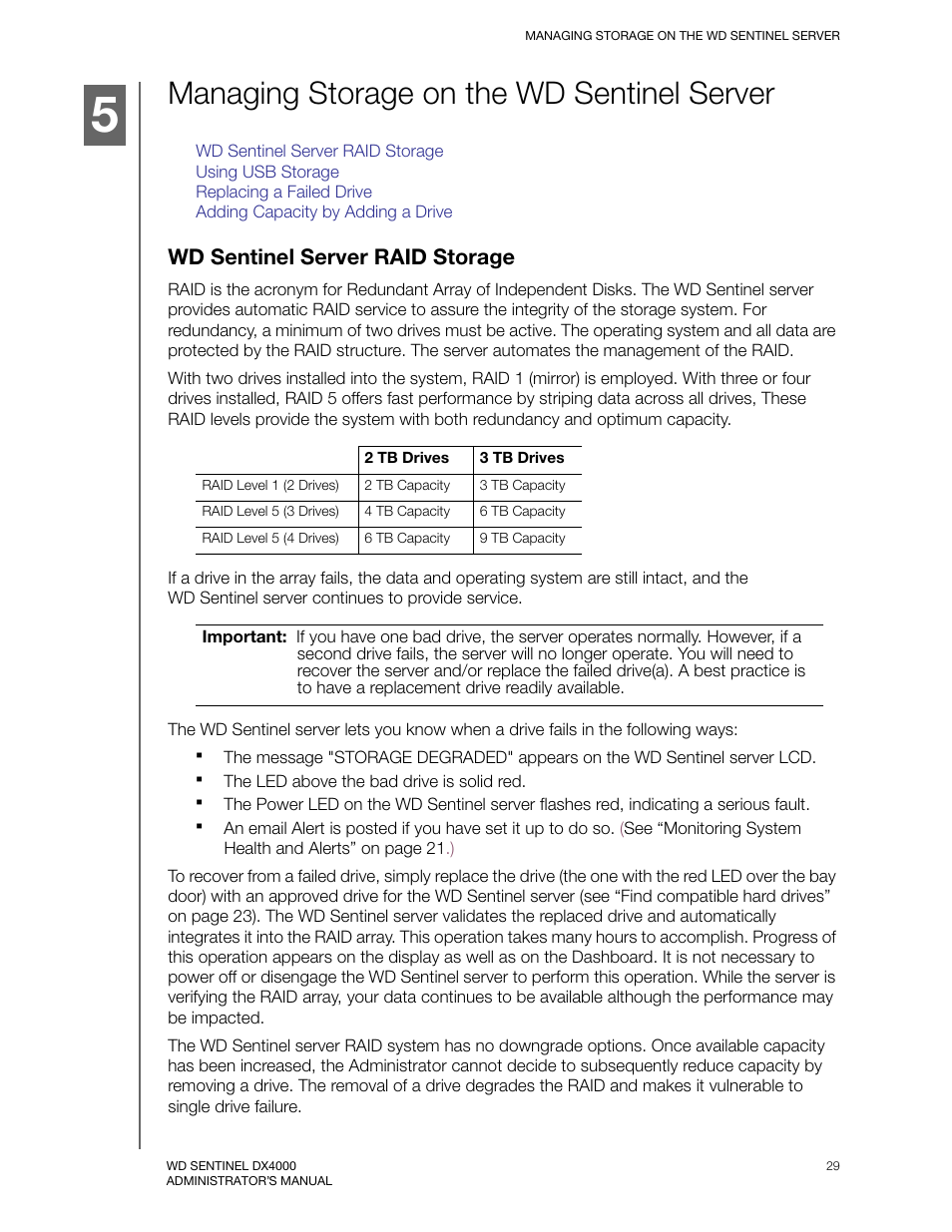 Managing storage on the wd sentinel server, Wd sentinel server raid storage | Western Digital WD Sentinel DX4000 User Manual User Manual | Page 33 / 82