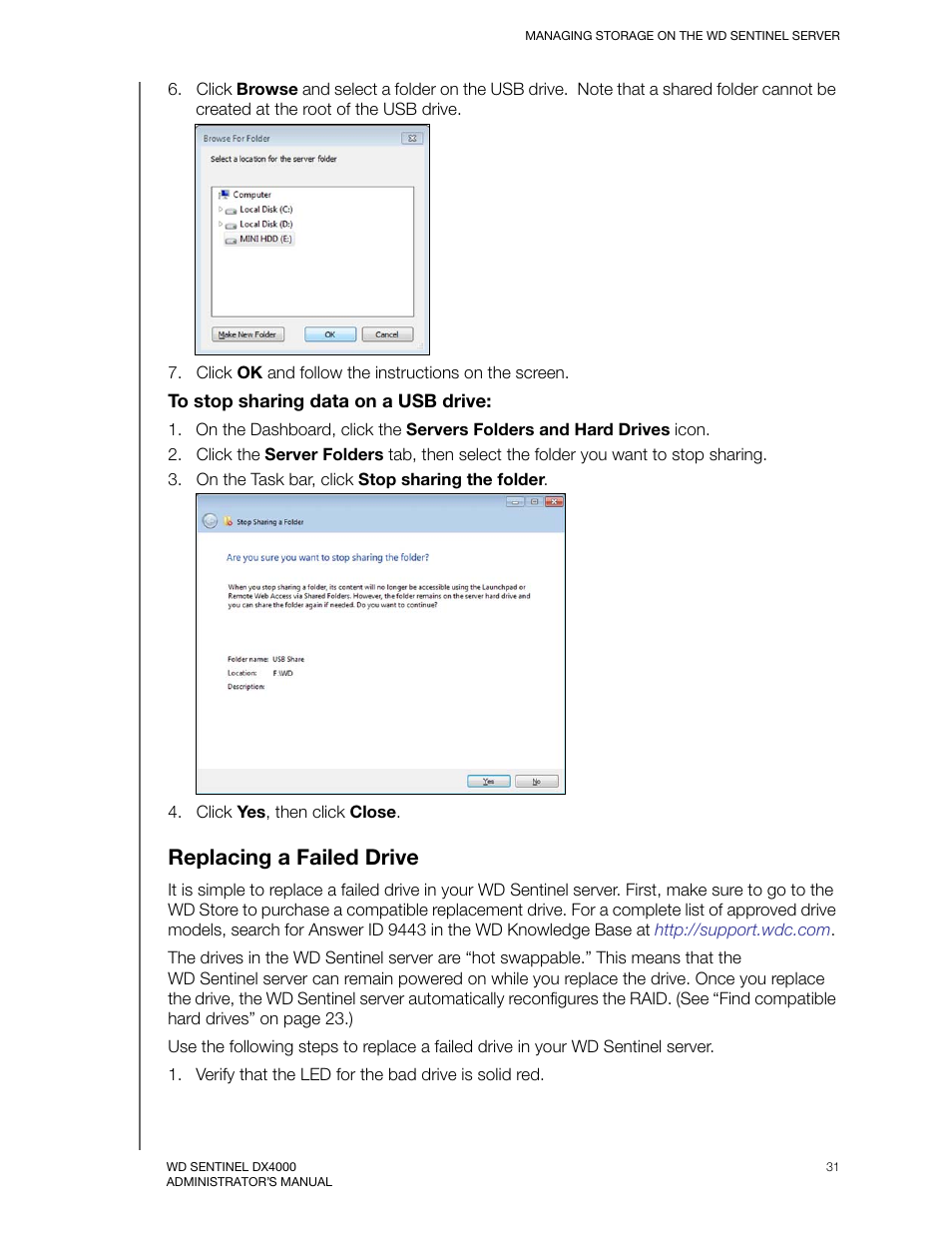 Replacing a failed drive, Replacing | Western Digital WD Sentinel DX4000 User Manual User Manual | Page 35 / 82