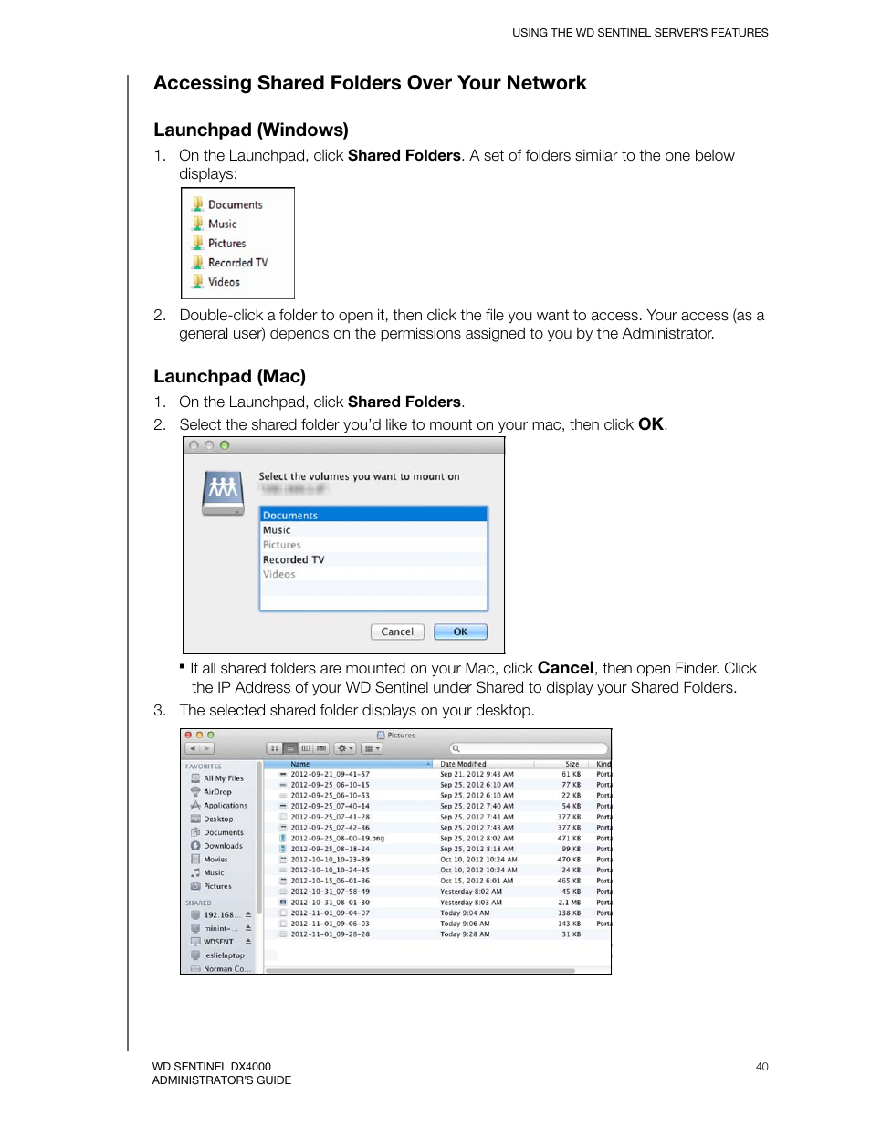 Accessing shared folders over your network, Launchpad (windows), Launchpad (mac) | Western Digital WD Sentinel DX4000 User Manual User Manual | Page 44 / 82