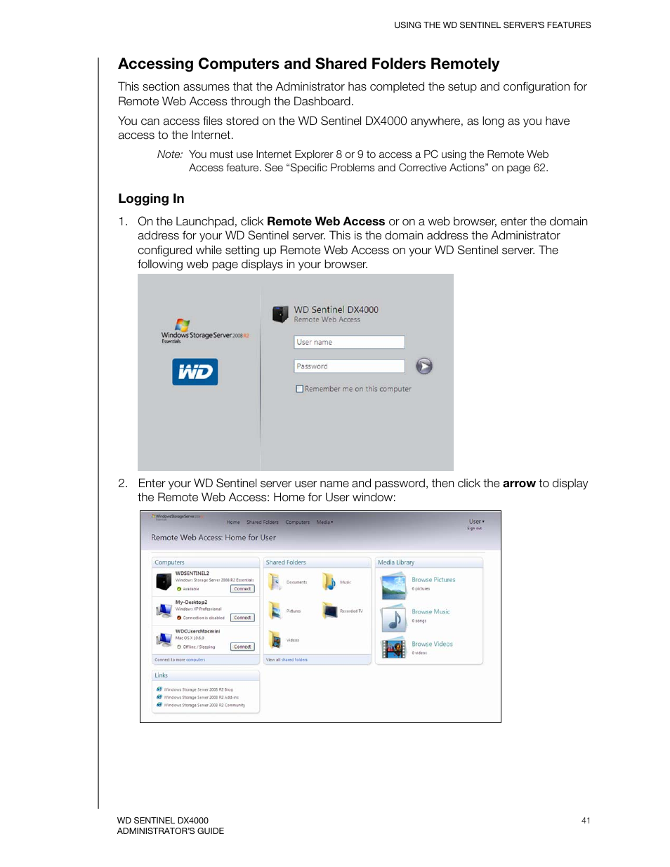 Accessing computers and shared folders remotely | Western Digital WD Sentinel DX4000 User Manual User Manual | Page 45 / 82