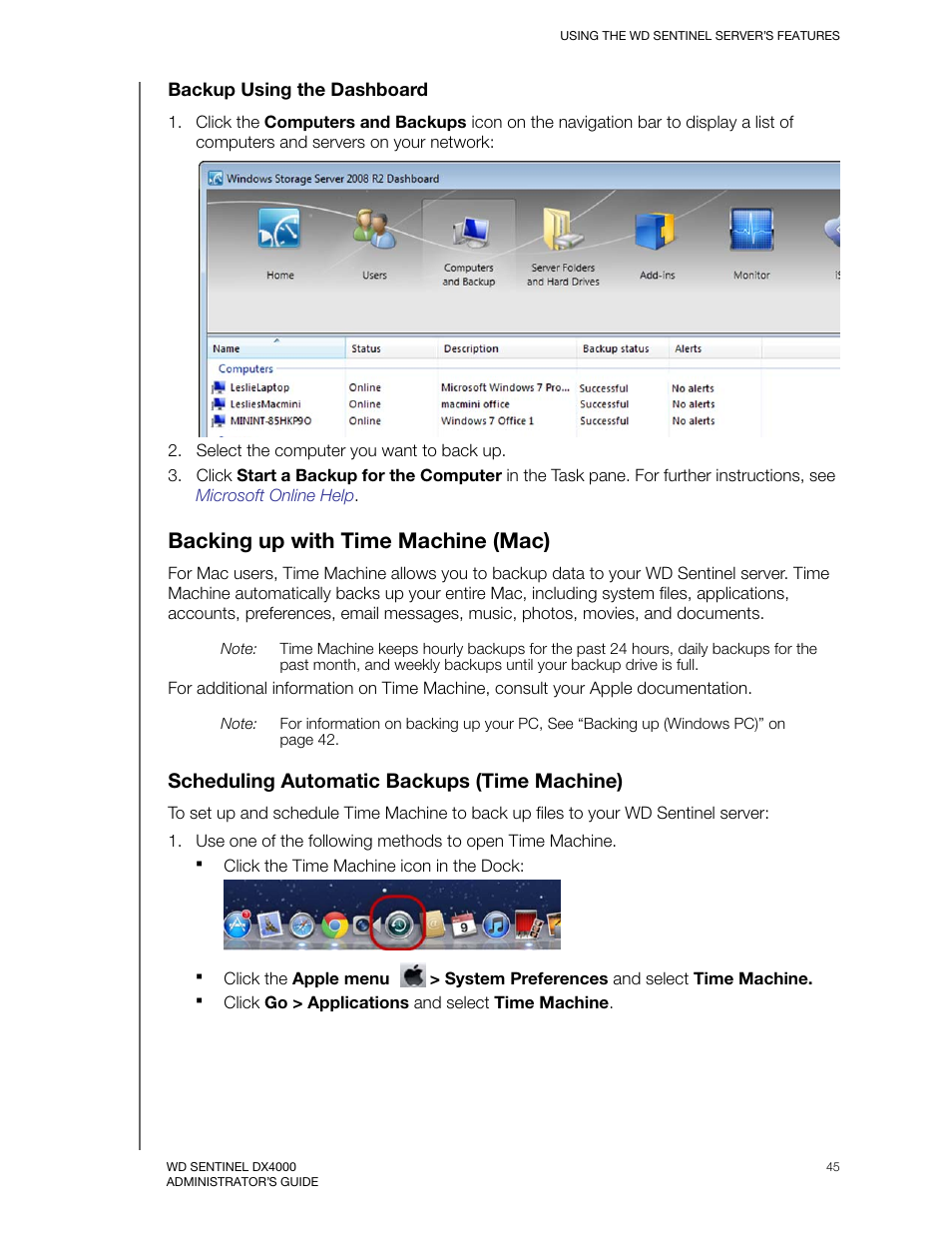 Backing up with time machine (mac), Scheduling automatic backups (time machine) | Western Digital WD Sentinel DX4000 User Manual User Manual | Page 49 / 82