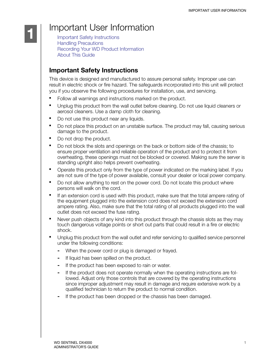 Important user information, Important safety instructions | Western Digital WD Sentinel DX4000 User Manual User Manual | Page 5 / 82