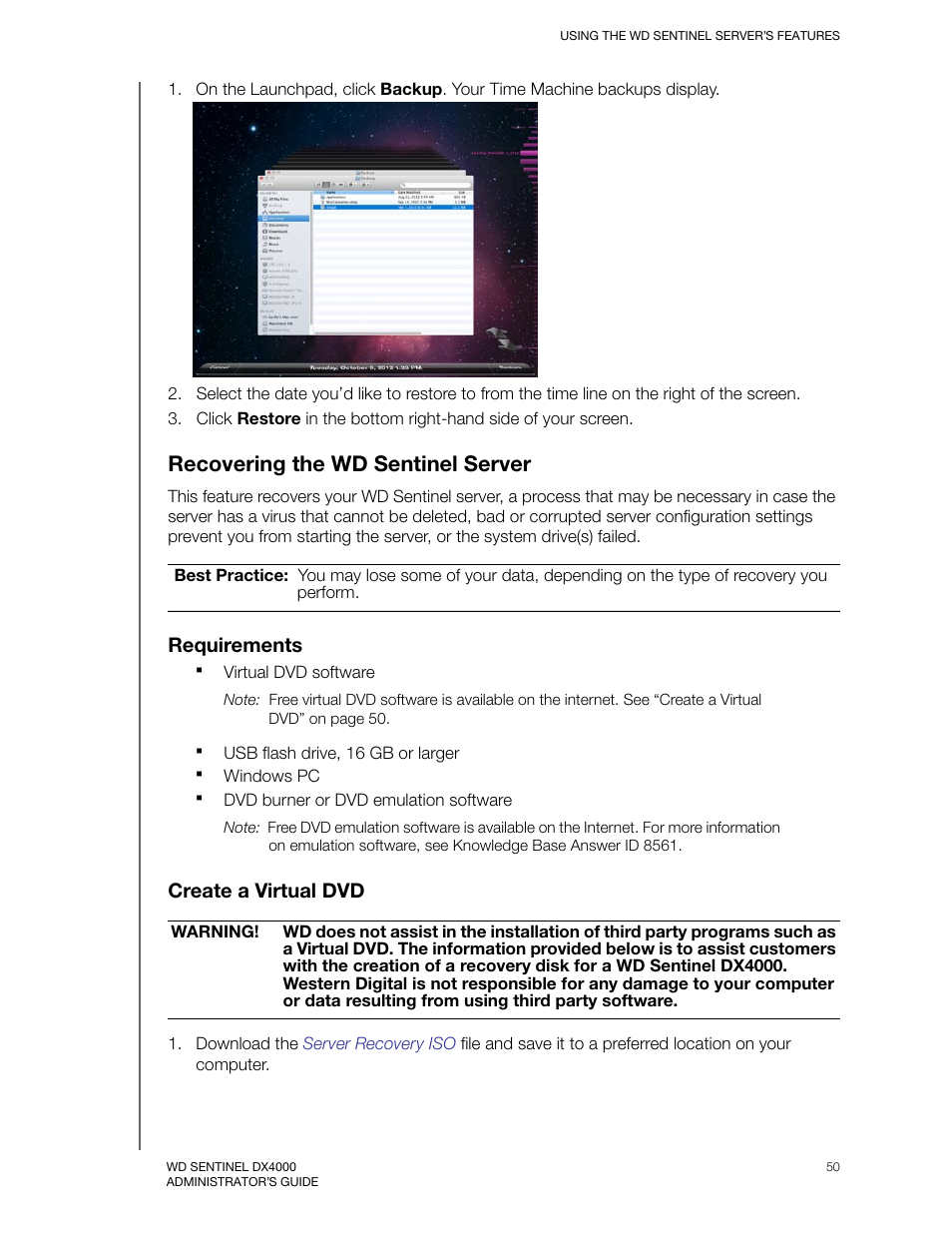 Recovering the wd sentinel server, Requirements, Create a virtual dvd | Western Digital WD Sentinel DX4000 User Manual User Manual | Page 54 / 82