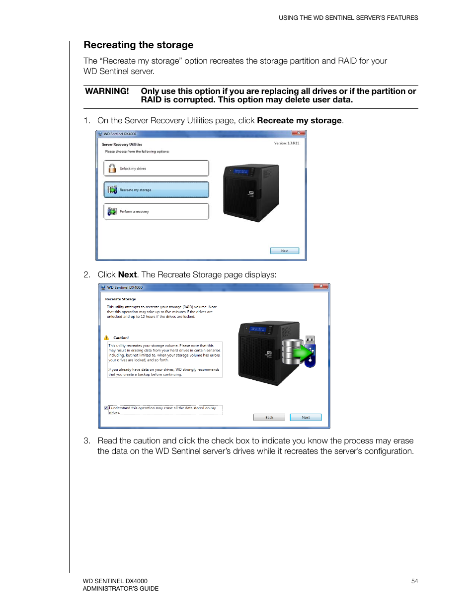 Recreating the storage | Western Digital WD Sentinel DX4000 User Manual User Manual | Page 58 / 82