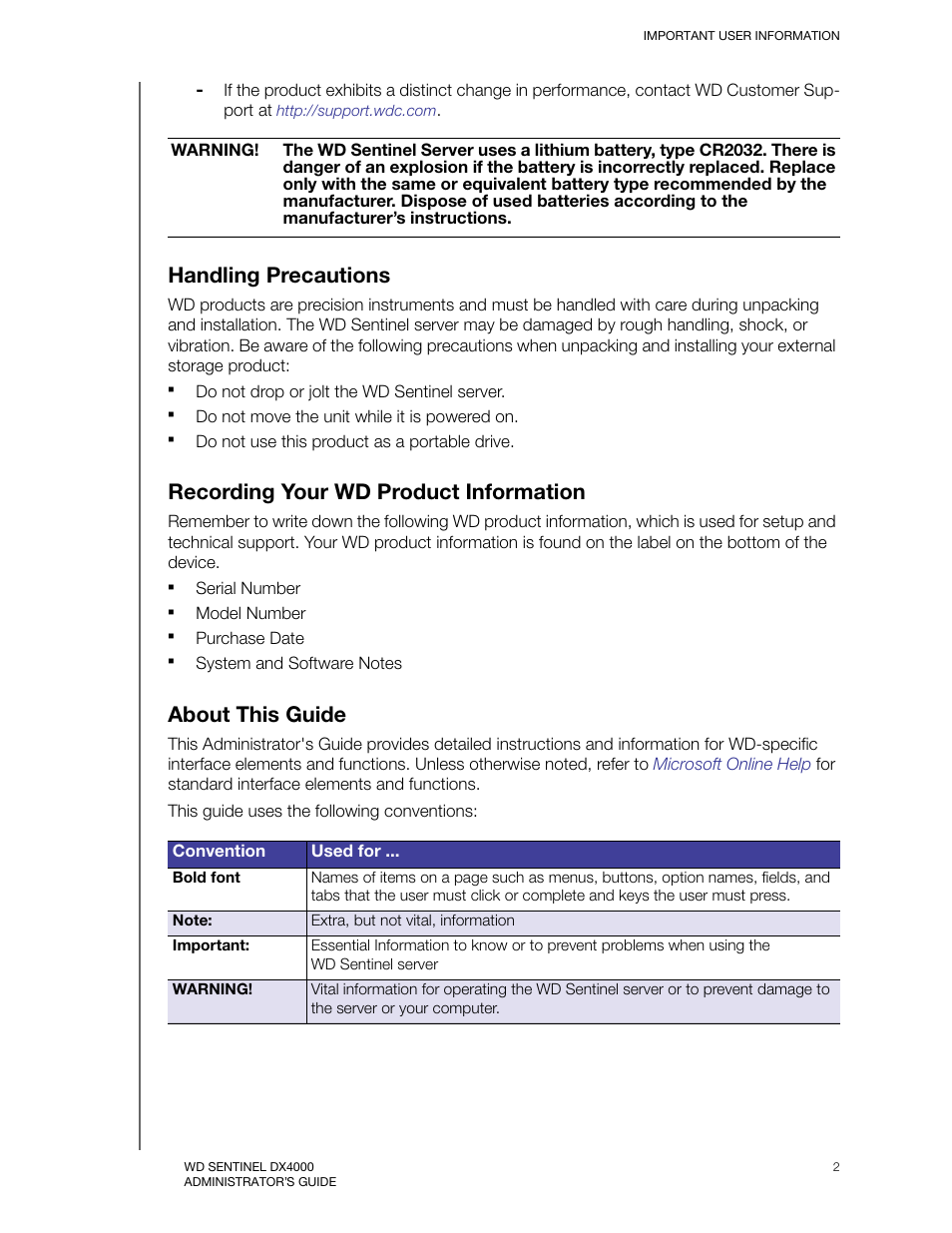 Handling precautions, Recording your wd product information, About this guide | Western Digital WD Sentinel DX4000 User Manual User Manual | Page 6 / 82