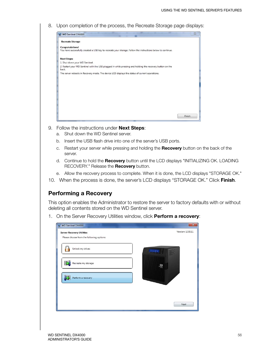 Performing a recovery | Western Digital WD Sentinel DX4000 User Manual User Manual | Page 60 / 82