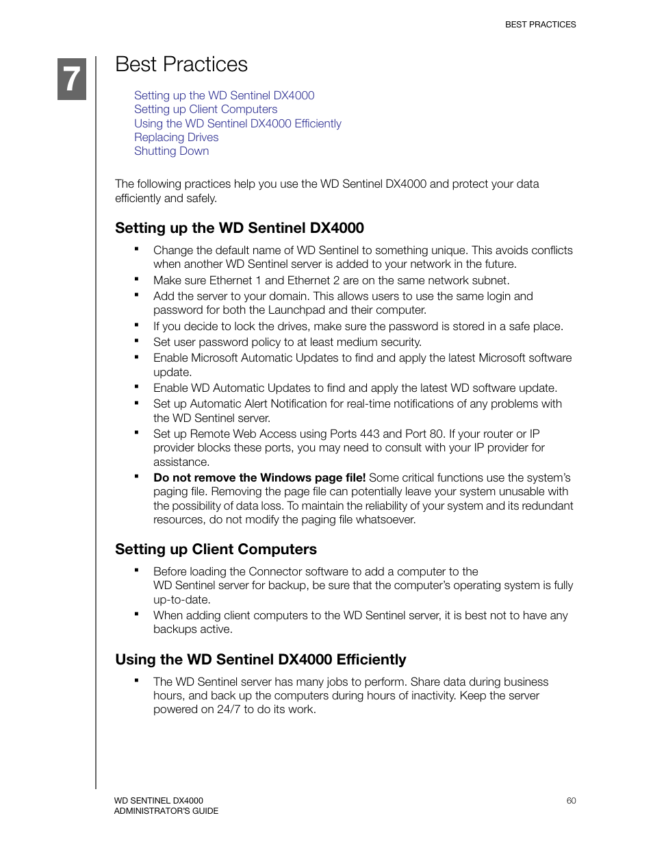 Best practices, Setting up the wd sentinel dx4000, Setting up client computers | Using the wd sentinel dx4000 efficiently | Western Digital WD Sentinel DX4000 User Manual User Manual | Page 64 / 82