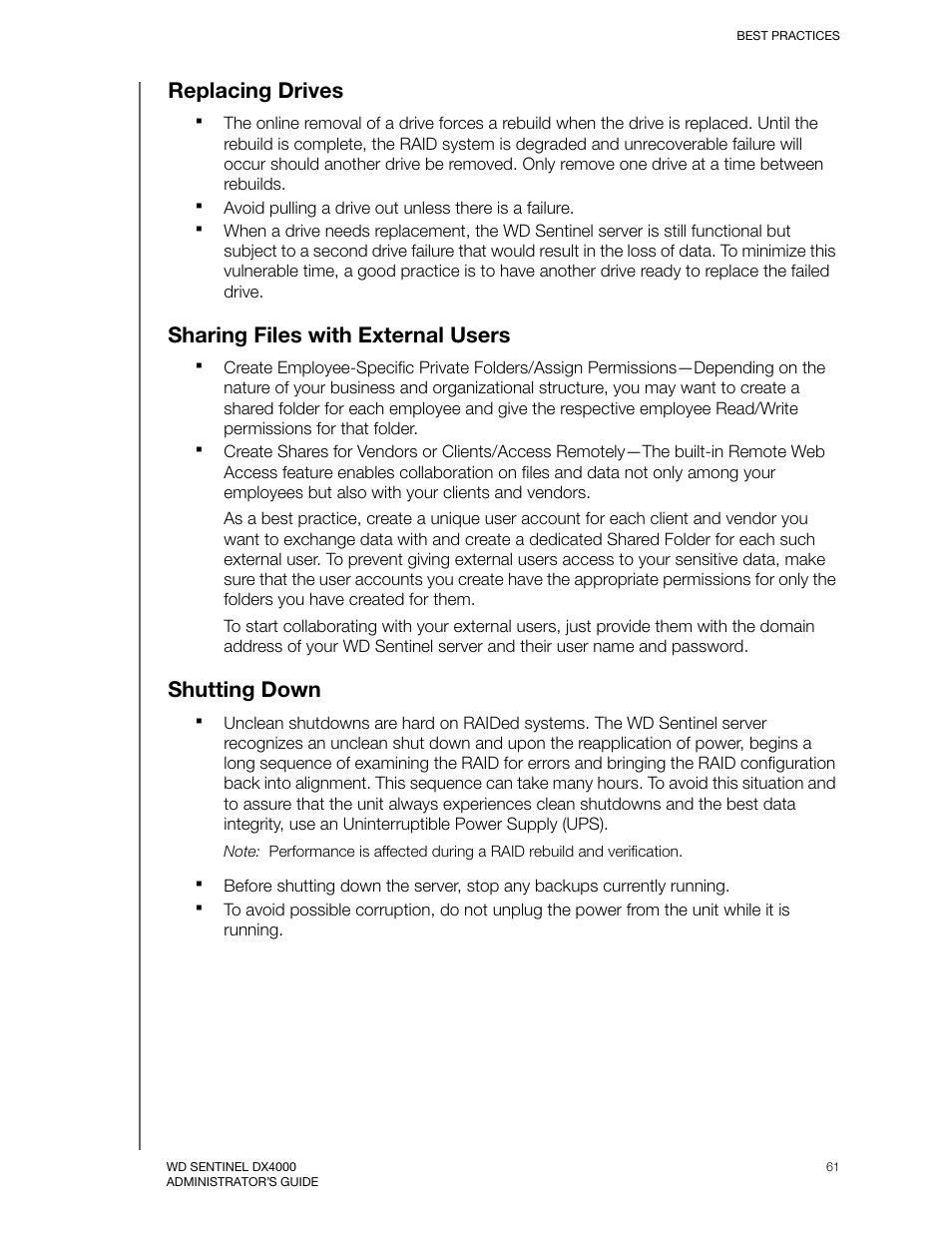 Replacing drives, Sharing files with external users, Shutting down | Western Digital WD Sentinel DX4000 User Manual User Manual | Page 65 / 82