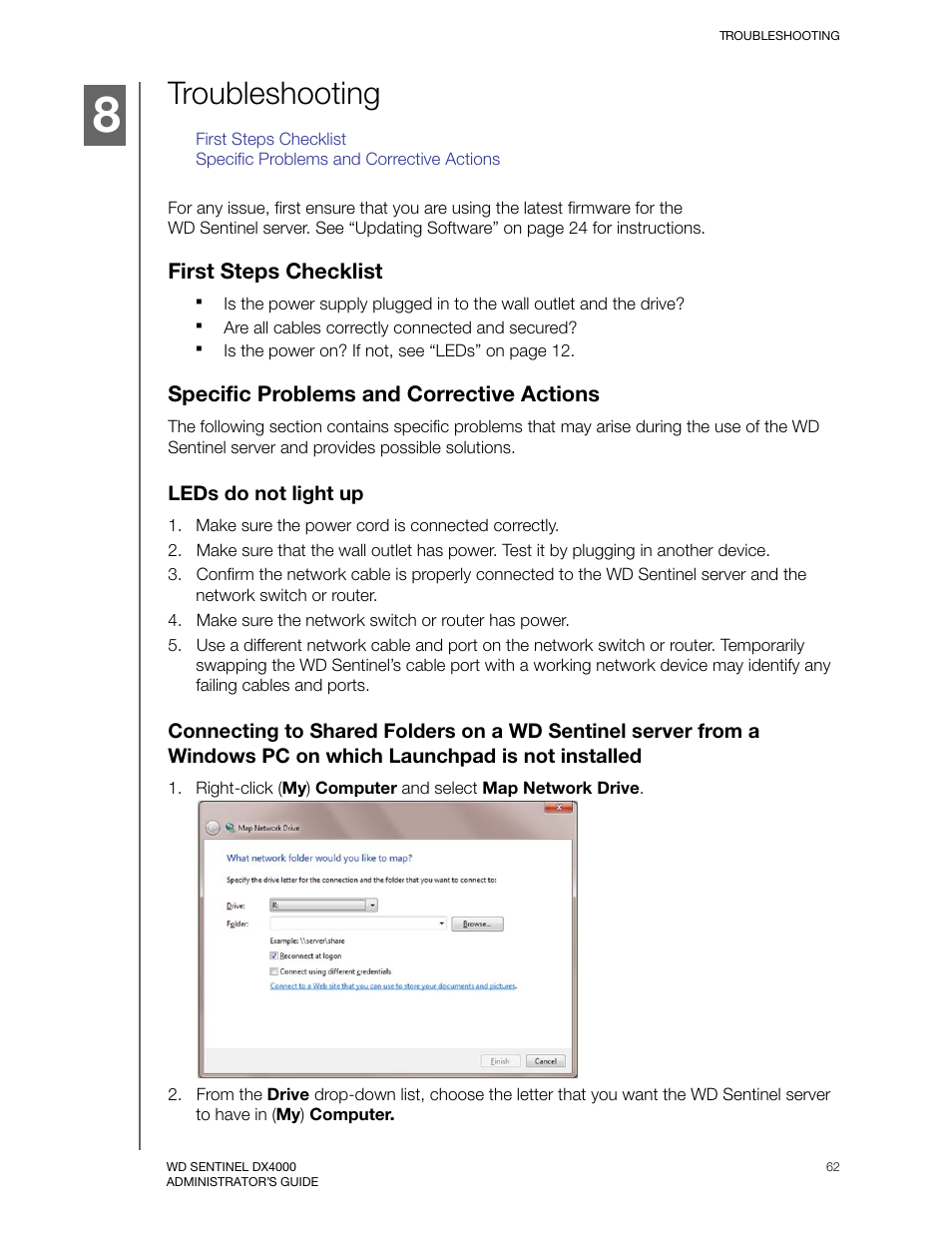 Troubleshooting, First steps checklist, Specific problems and corrective actions | Leds do not light up | Western Digital WD Sentinel DX4000 User Manual User Manual | Page 66 / 82