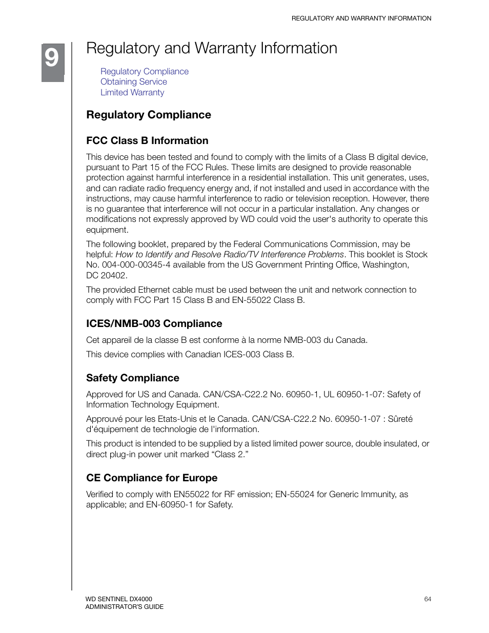 Regulatory and warranty information, Regulatory compliance, Fcc class b information | Ices/nmb-003 compliance, Safety compliance, Ce compliance for europe | Western Digital WD Sentinel DX4000 User Manual User Manual | Page 68 / 82
