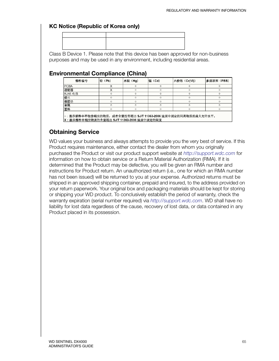 Environmental compliance (china), Obtaining service, Environmental compliance (china) obtaining service | Western Digital WD Sentinel DX4000 User Manual User Manual | Page 69 / 82