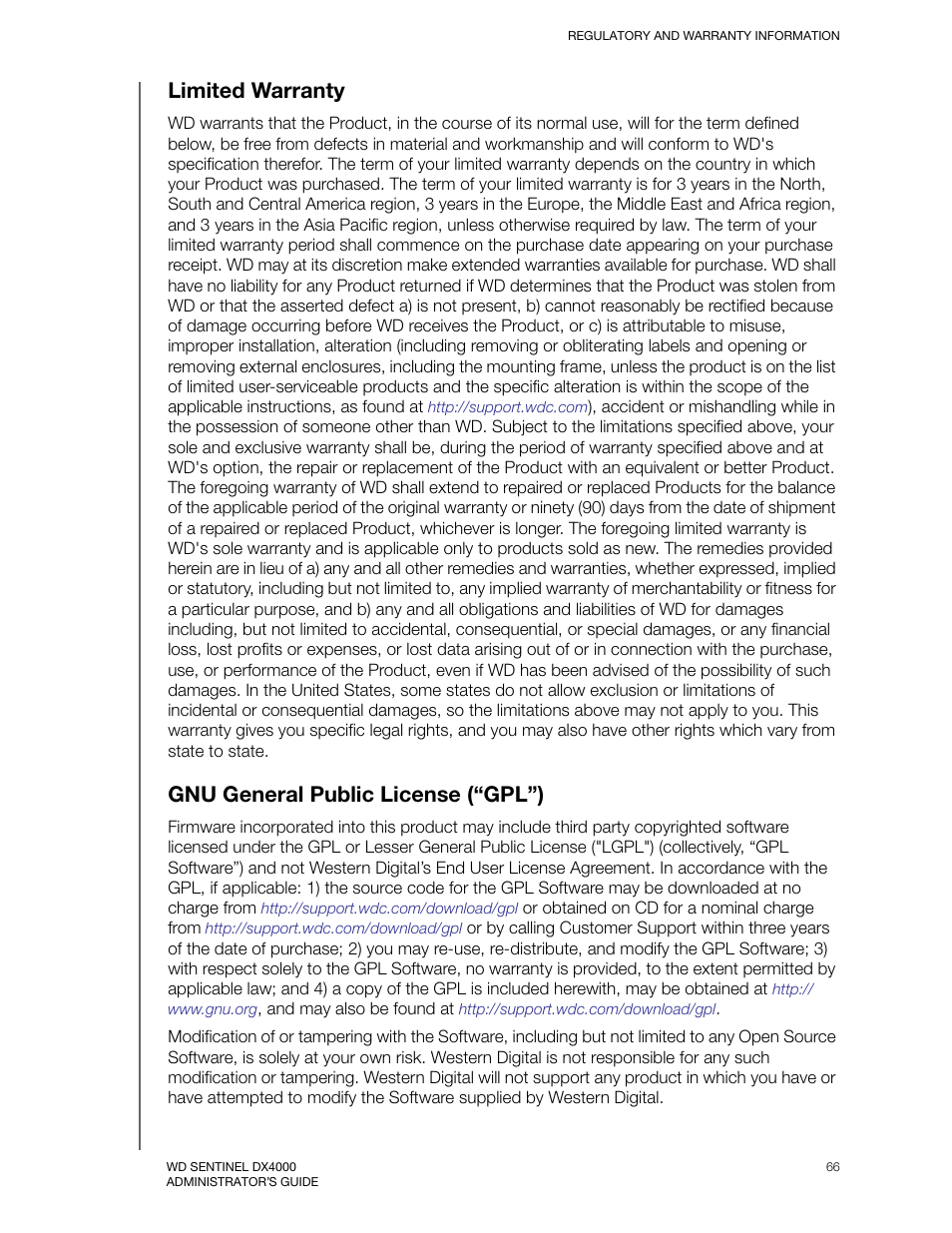 Limited warranty, Gnu general public license (“gpl”) | Western Digital WD Sentinel DX4000 User Manual User Manual | Page 70 / 82