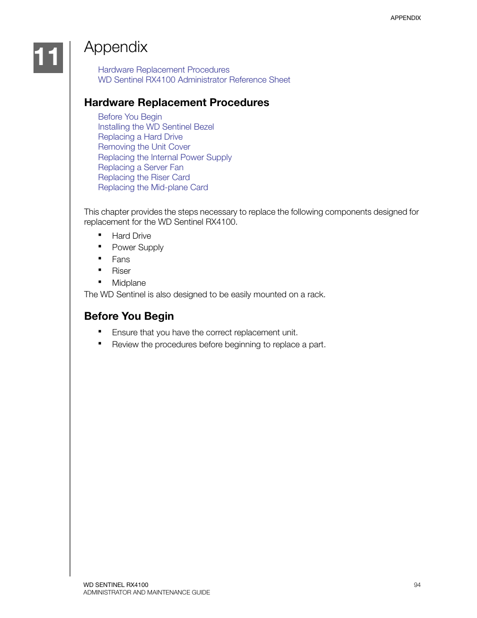 Appendix, Hardware replacement procedures, Before you begin | Western Digital WD Sentinel RX4100 User Manual User Manual | Page 100 / 117