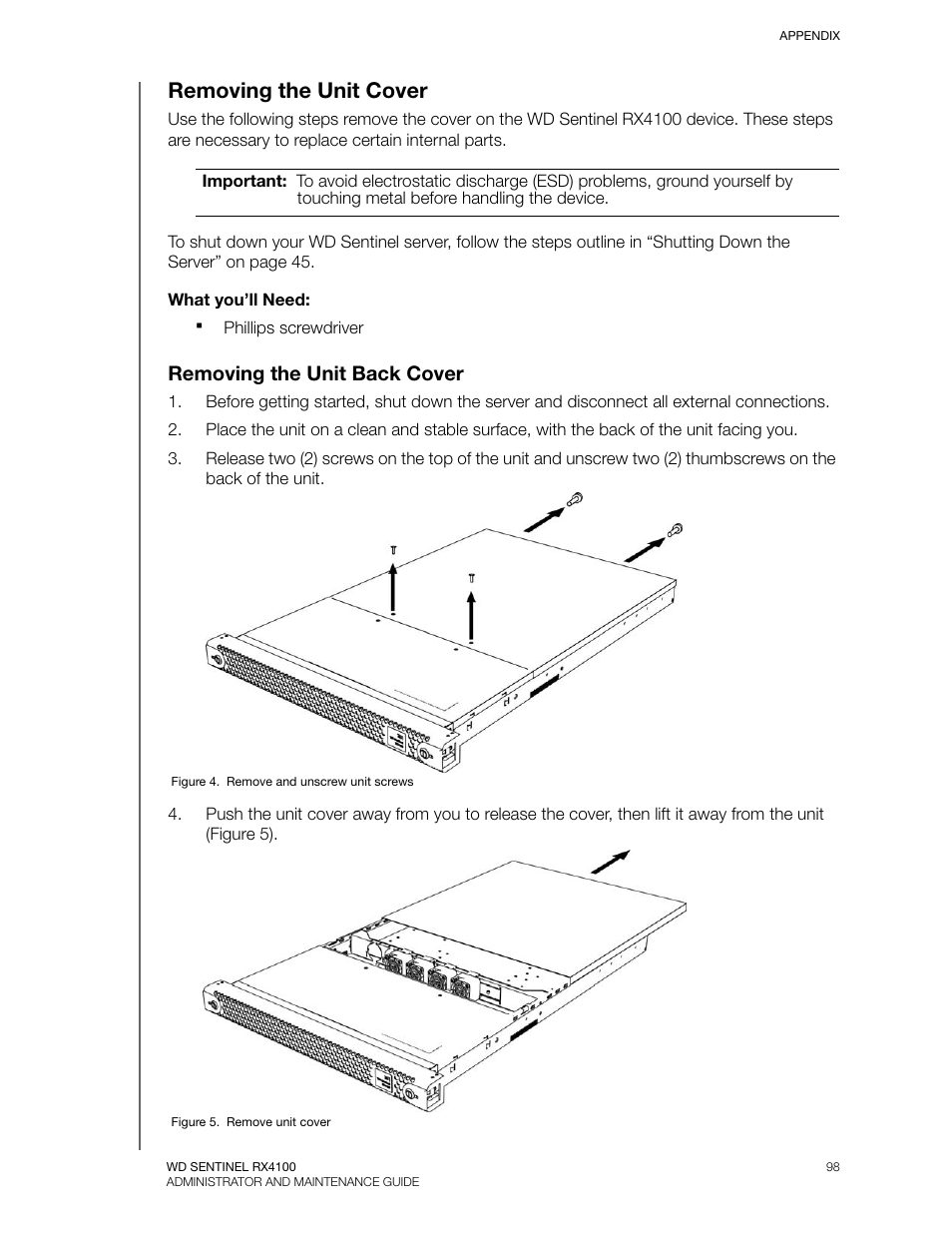 Removing the unit cover, Removing the unit back cover | Western Digital WD Sentinel RX4100 User Manual User Manual | Page 104 / 117
