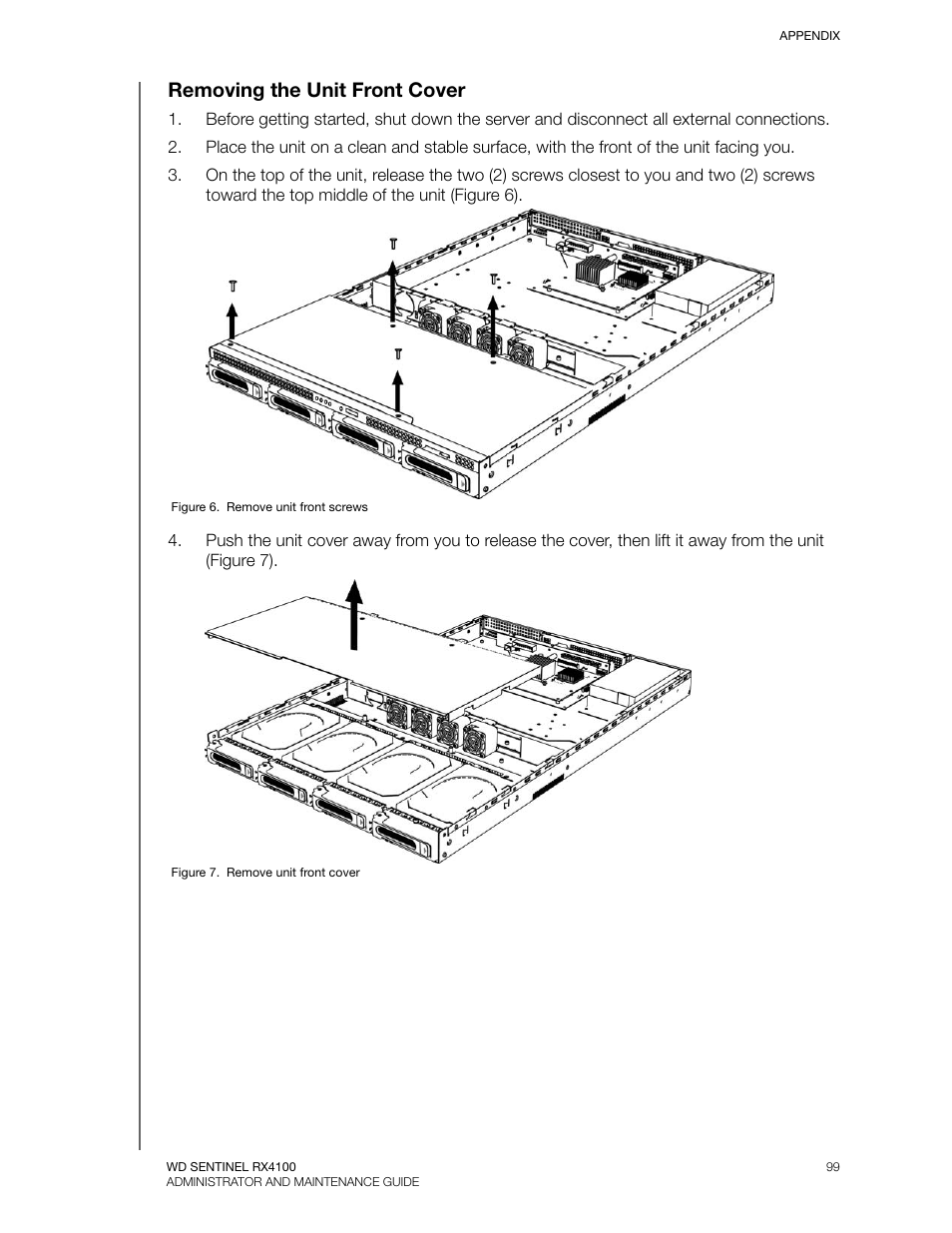 Removing the unit front cover | Western Digital WD Sentinel RX4100 User Manual User Manual | Page 105 / 117
