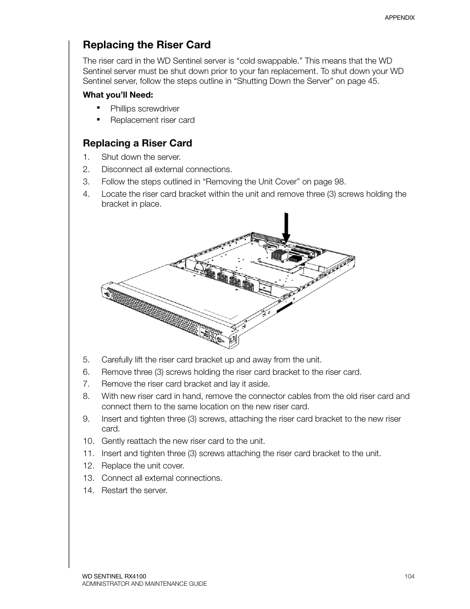 Replacing the riser card, Replacing a riser card | Western Digital WD Sentinel RX4100 User Manual User Manual | Page 110 / 117