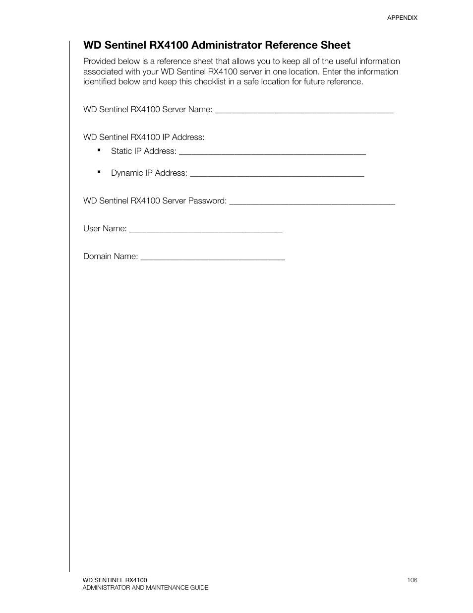Wd sentinel rx4100 administrator reference sheet | Western Digital WD Sentinel RX4100 User Manual User Manual | Page 112 / 117